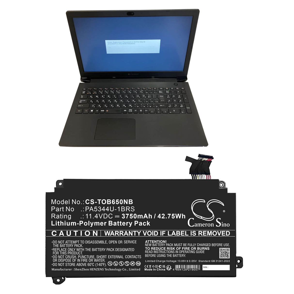11.4V, Li-Polymer, 3750mAh, Notebook, Laptop battery fits Toshiba, Pa5344u-1brs, Dynabook Bj65/fs, 42.75Wh Notebook, Laptop Cameron Sino Technology Limited