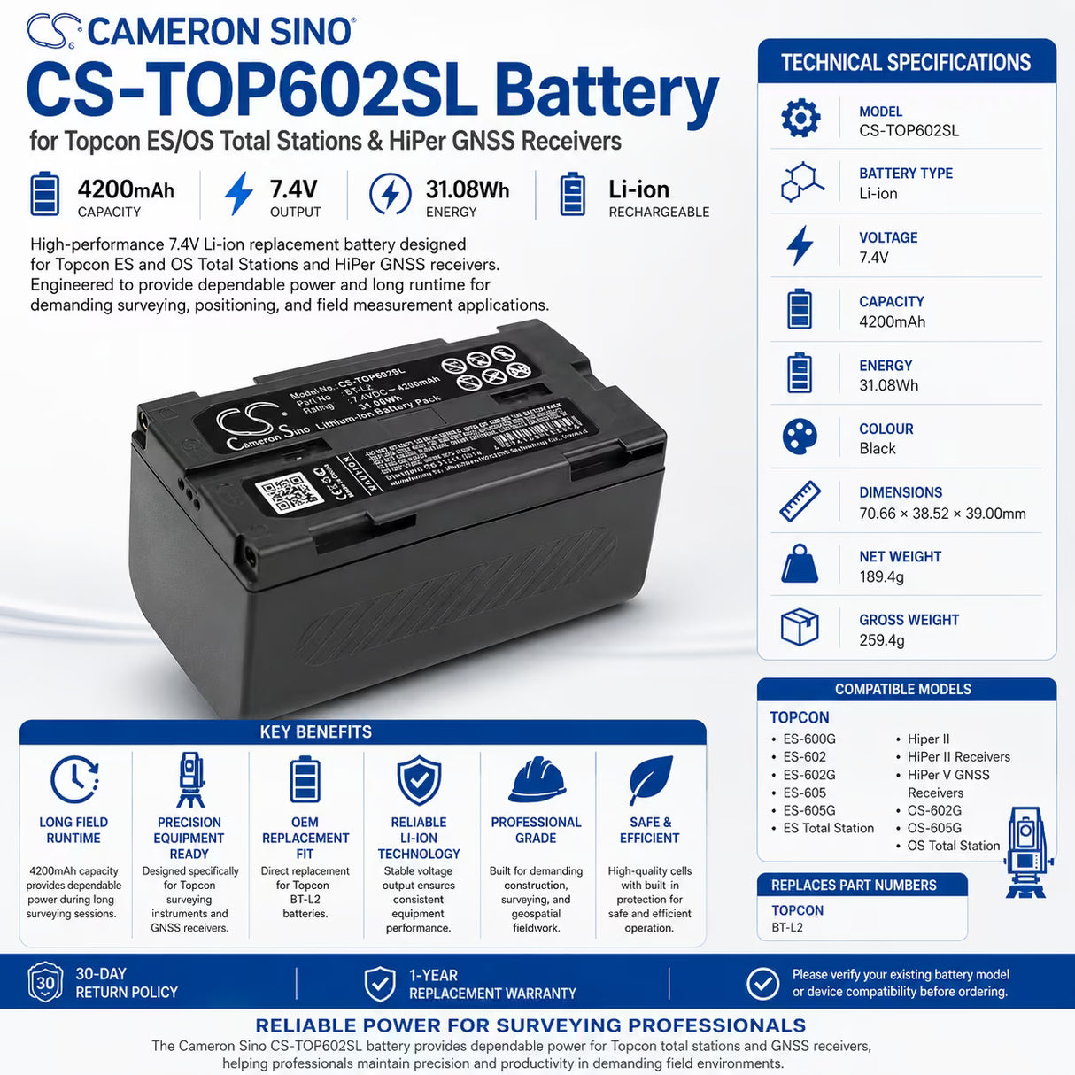 Equipment Battery for Topcon, Es Total Station, Es-600g, Es-602, Es-602g 7.4v, 4200mah - 31.08wh Equipment, Survey, Test Cameron Sino Technology Limited