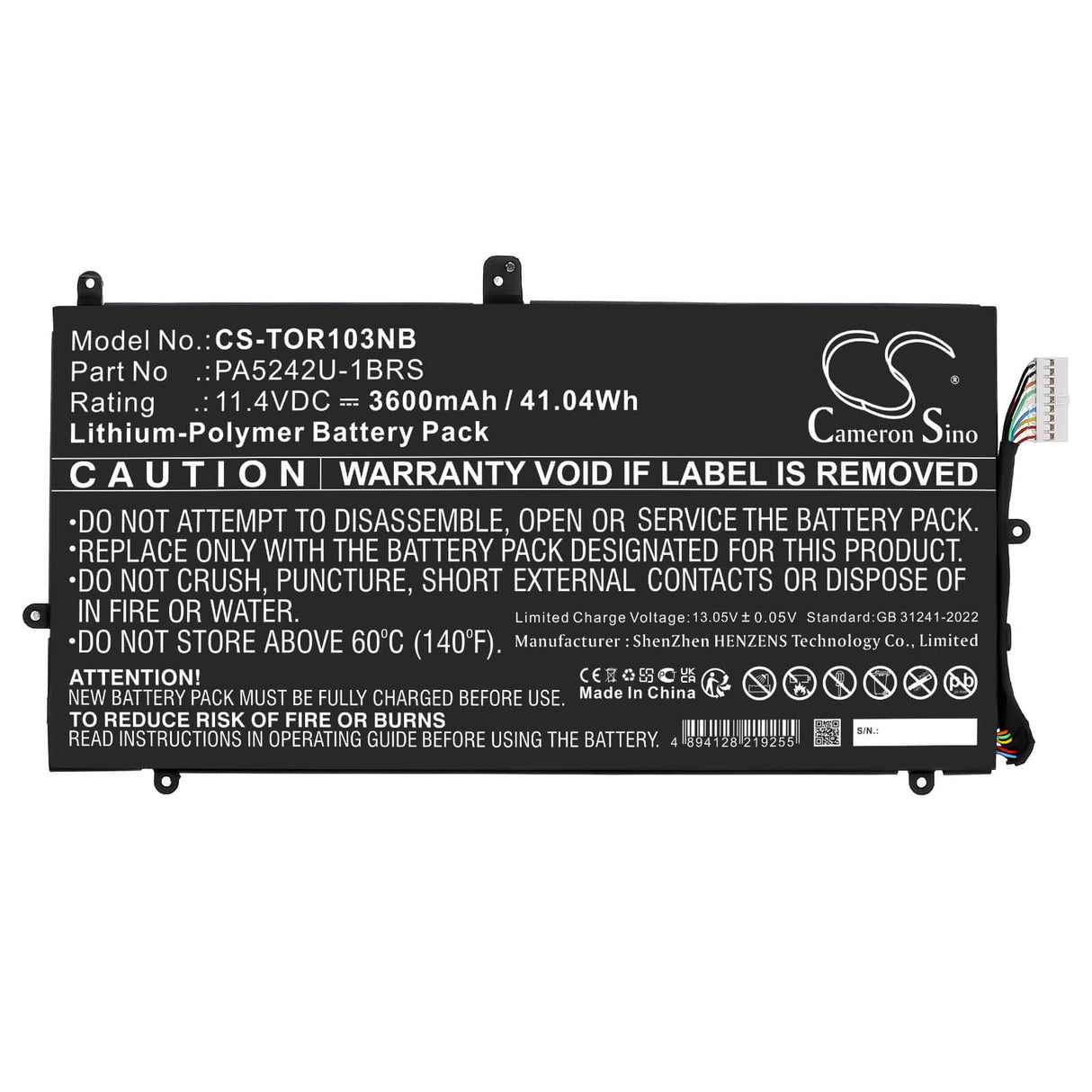 11.4V, Li-Polymer, 3600mAh, Notebook, Laptop battery fits Toshiba, PA5242U-1BRS, Satellite P20W-C, Satellite Radius 12 P20W-C, 41.04Wh Notebook, Laptop Cameron Sino Technology Limited