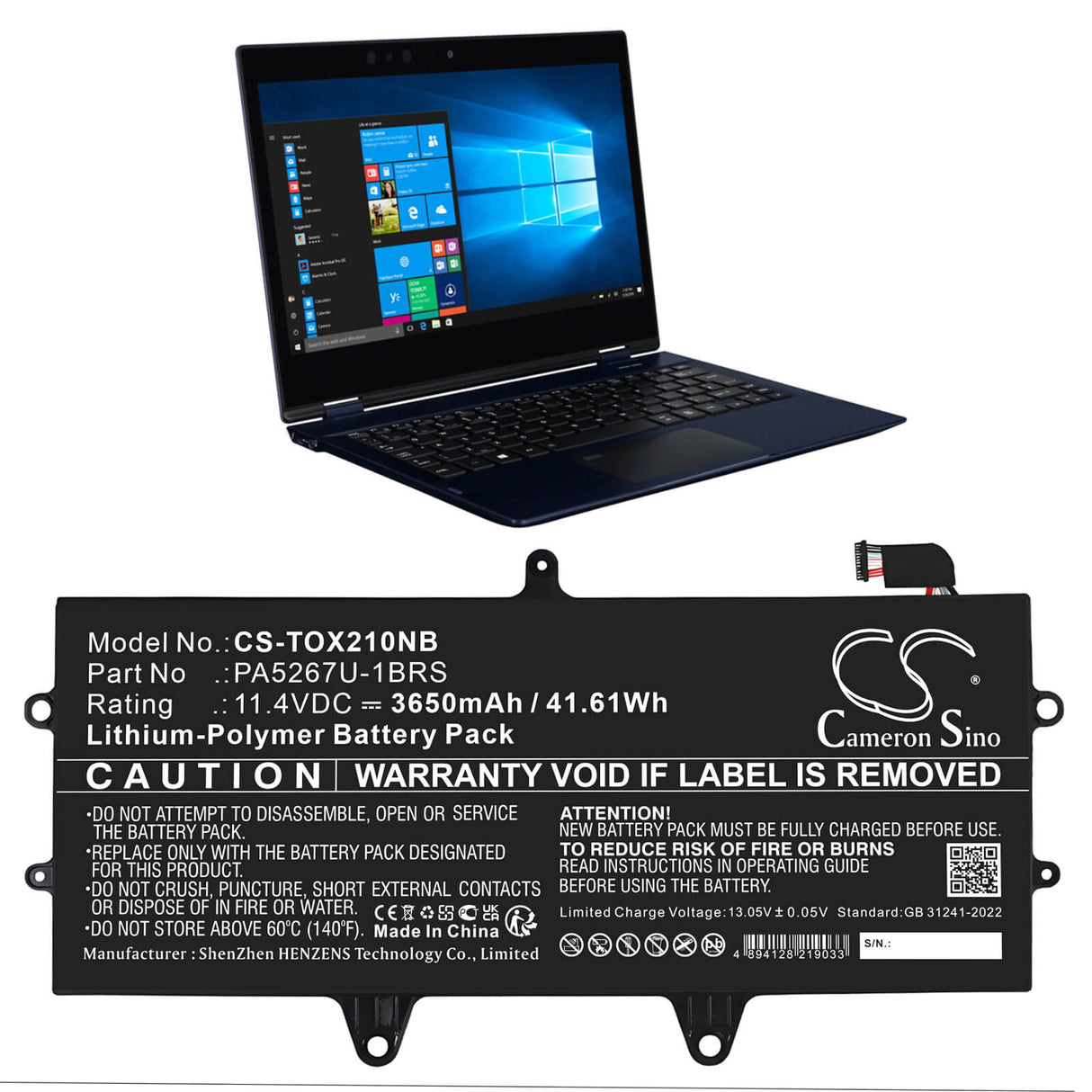 11.4V, Li-Polymer, 3650mAh, Notebook, Laptop battery fits Toshiba, Pa5267u-1brs, Portege X20w, Portege X20w-d, 41.61Wh Notebook, Laptop Cameron Sino Technology Limited