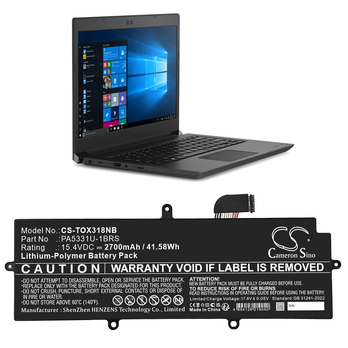 15.4V, Li-Polymer, 2700mAh, Notebook, Laptop battery fits Toshiba, Pa5331u-1brs, Dynabook Portege A30, Dynabook Portege A30-e-10k, 41.58Wh Notebook, Laptop Cameron Sino Technology Limited