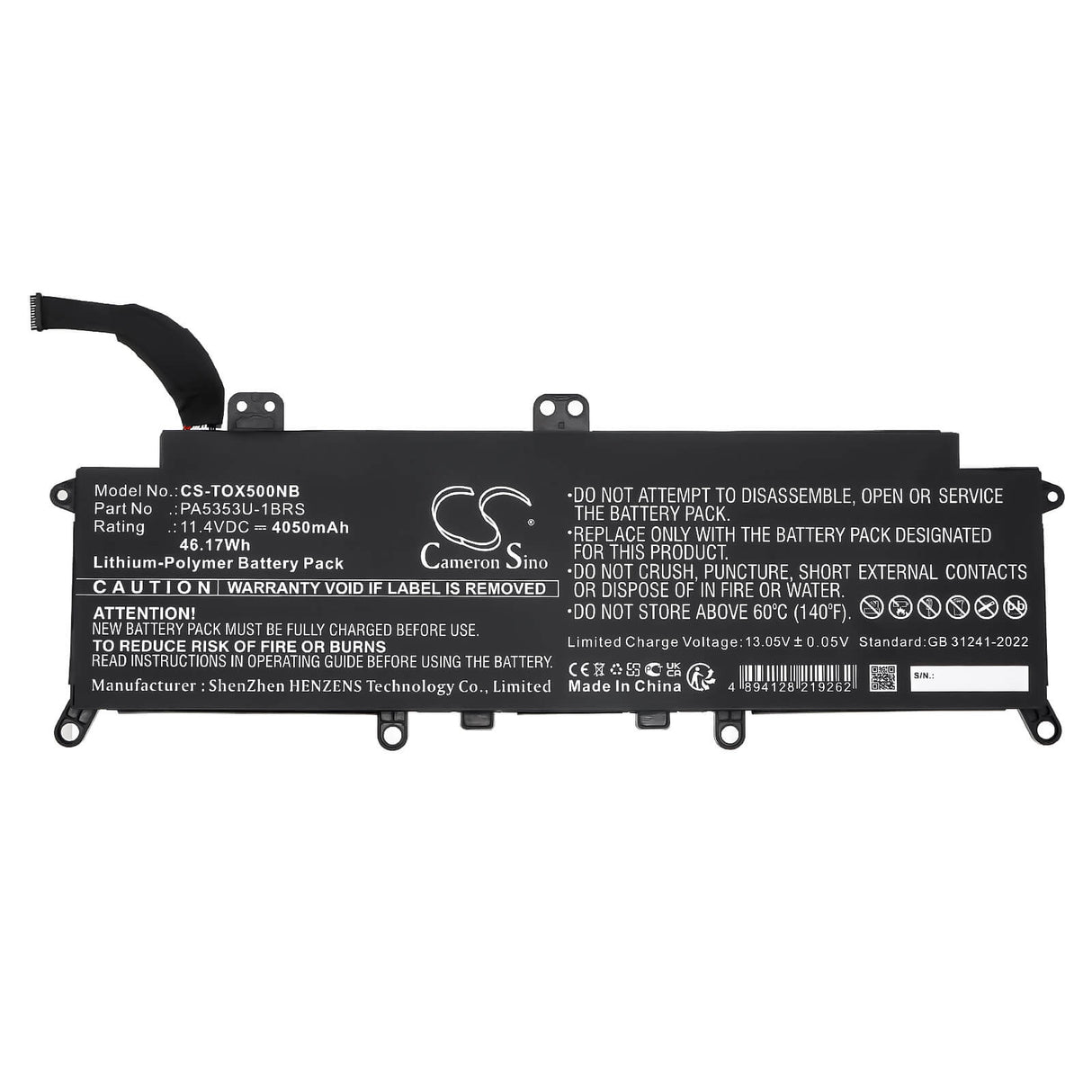 11.4V, Li-Polymer, 4050mAh, Notebook, Laptop battery fits Toshiba, PA5353U-1BRS, Dynabook Tecra X50-F, Tecra X50-F-11E, 46.17Wh Notebook, Laptop Cameron Sino Technology Limited