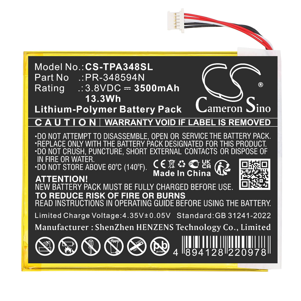 3.8V, Li-Polymer, 3500mAh, Diagnostic Scanner battery fits Topdon, PR-348594N, ArtiMINI Scan Tool, 13.3Wh Diagnostic Scanner Cameron Sino Technology Limited