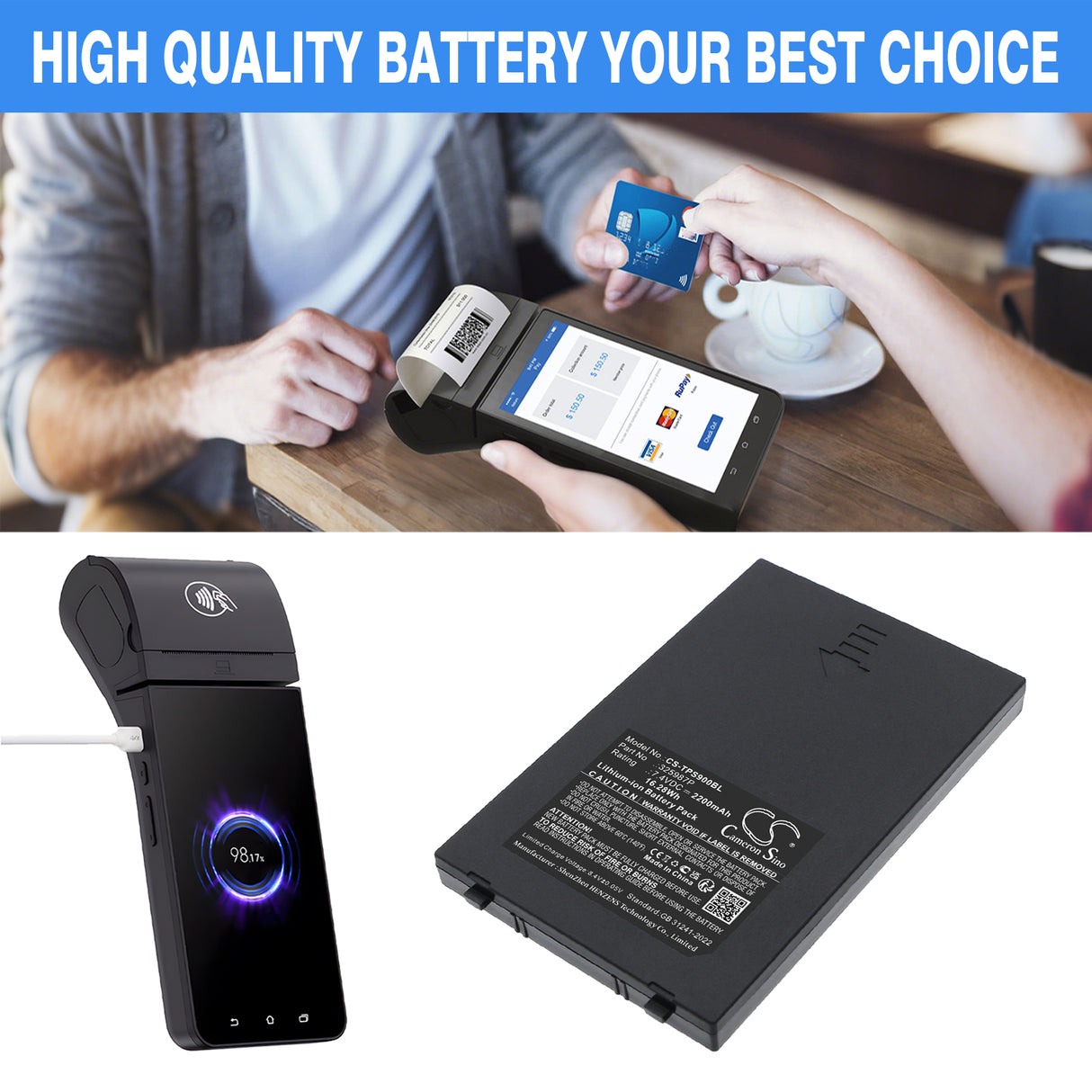 7.4V, Li-ion, 2200mAh, Payment Terminal battery fits Telpo, 325987P, TPS900, 16.28Wh Payment Terminal Cameron Sino Technology Limited