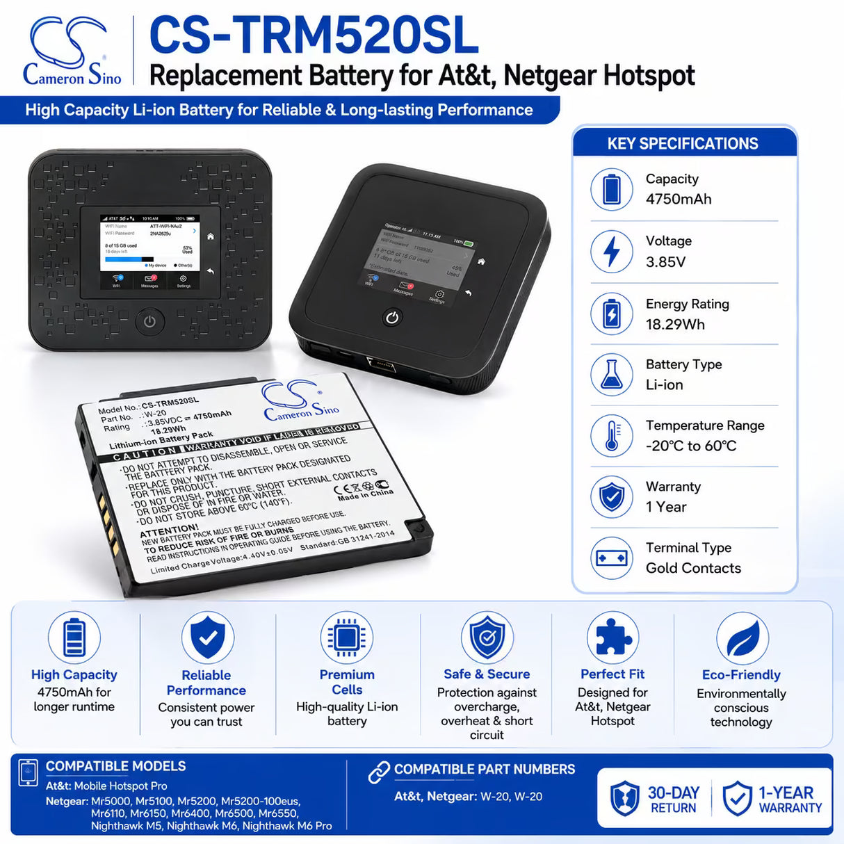 Battery For Netgear, Mr5000, Mr5200, Mr5200-100eus 3.85v, 5000mah - 19.25wh Hotspot Cameron Sino Technology Limited