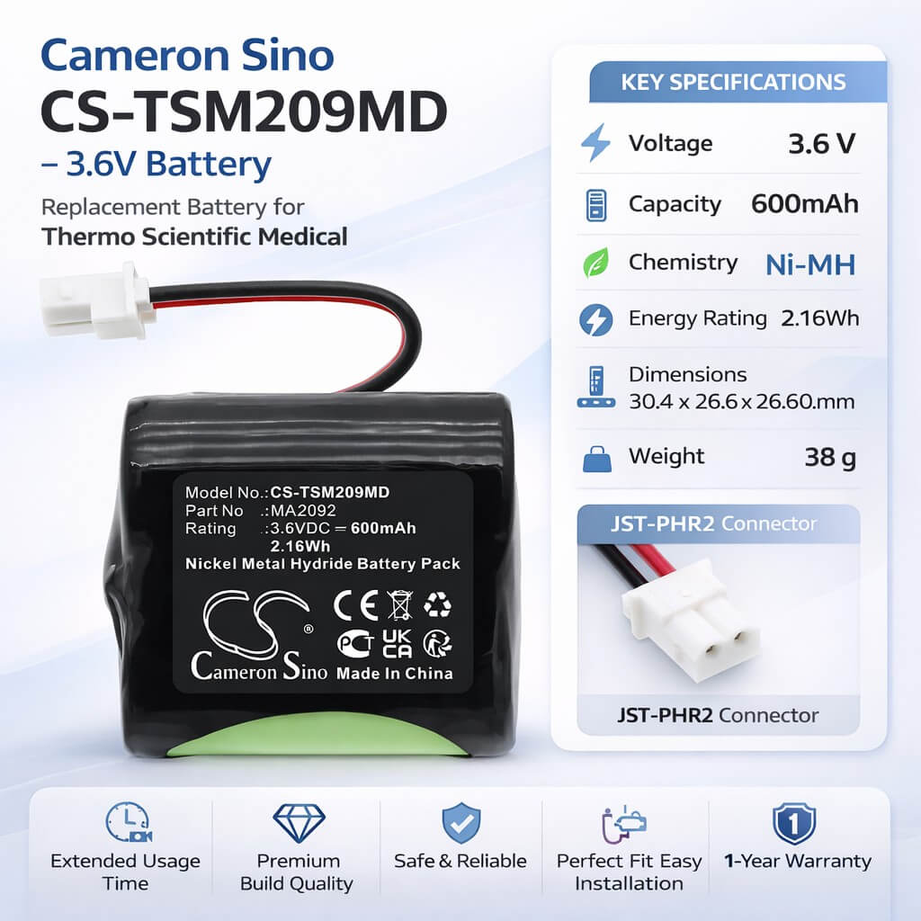 3.6V, Ni-MH, 600mAh, Medical battery fits Thermo Scientific, MA 2092, Impact2 Single Channel, Scientific Matrix Electronic, 2.16Wh Medical Cameron Sino Technology Limited