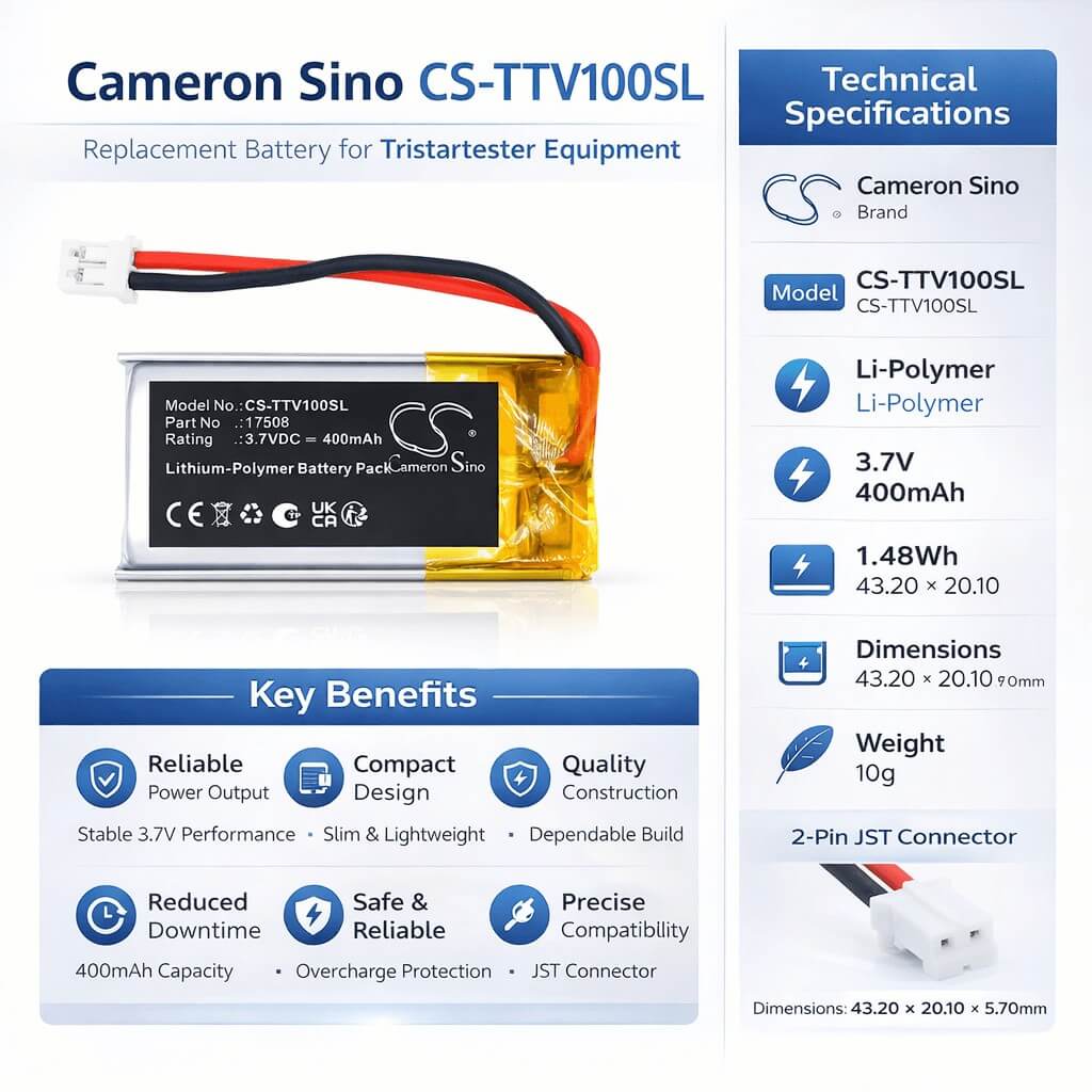 3.7V, Li-Polymer, 400mAh, Equipment, Survey, Test battery fits Tristartester, 17508, SMP-TT2, V1, 1.48Wh Equipment, Survey, Test Cameron Sino Technology Limited