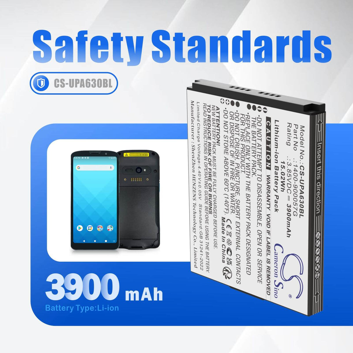 3.85V, Li-ion, 3900mAh, Barcode Scanner battery fits Unitech, 1400-900057G, EA630, EA630 Plus, 15.02Wh Barcode Scanner Cameron Sino Technology Limited