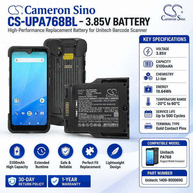 3.85V, Li-ion, 5100mAh, Barcode Scanner battery fits Unitech, 1400-900069G, PA768, PA768 Rugged Mobile Computer, 19.64Wh Barcode Scanner Cameron Sino Technology Limited
