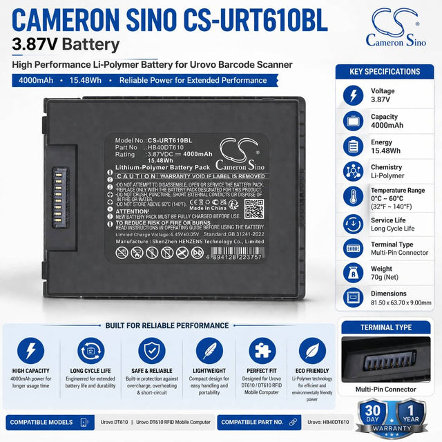 3.87V, Li-Polymer, 4000mAh, Barcode Scanner battery fits Urovo, HB40DT610, DT610, DT610 RFID Mobile Computer, 15.48Wh Barcode Scanner Cameron Sino Technology Limited