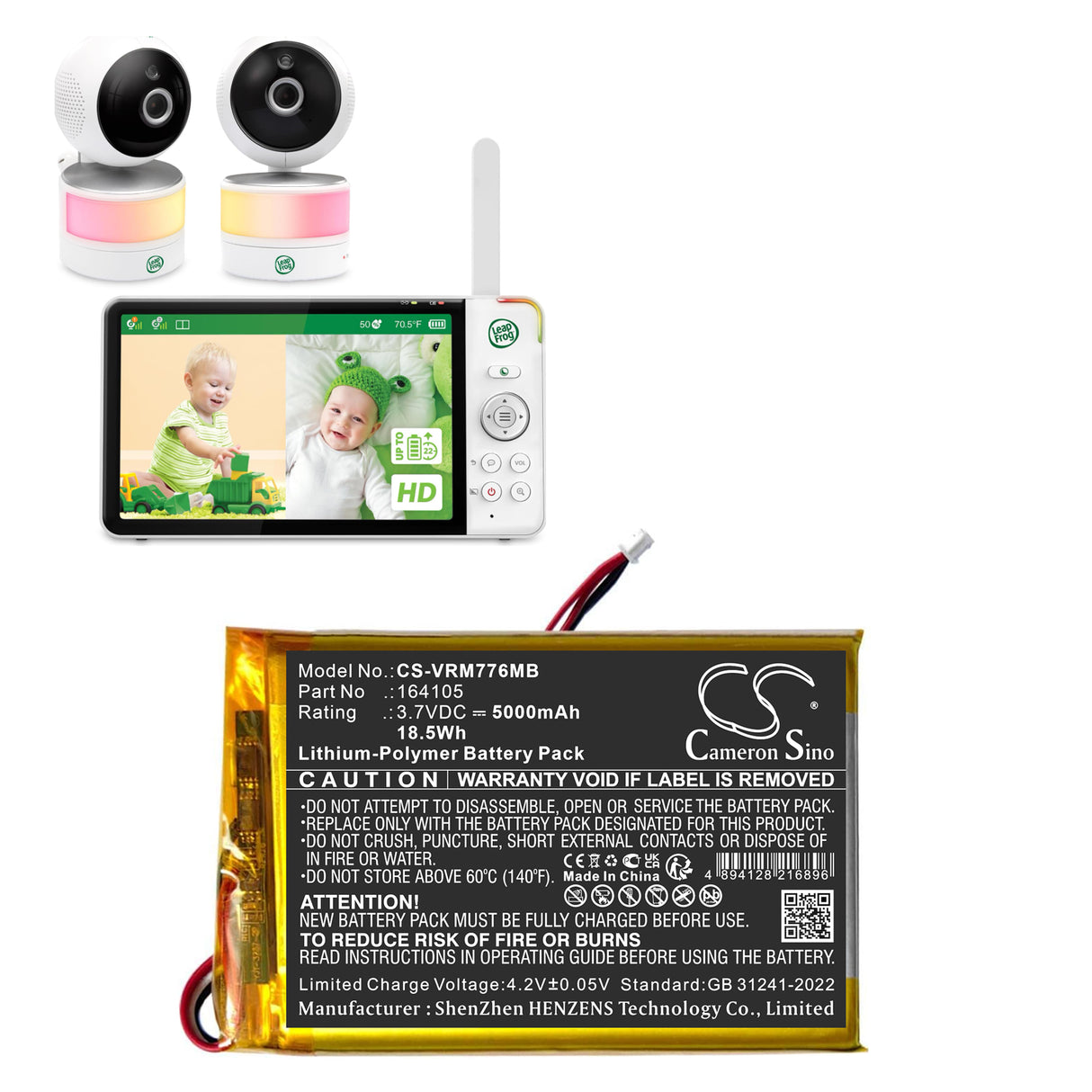 3.7V, Li-Polymer, 5000mAh, BabyPhone battery fits Vtech, 164105, LF915, LF920, 18.5Wh BabyPhone Cameron Sino Technology Limited