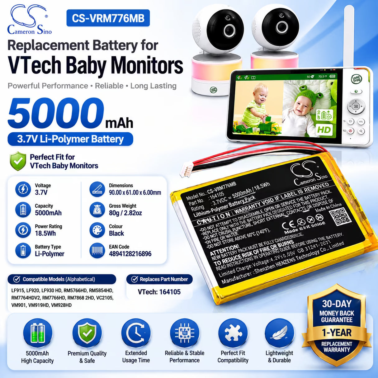3.7V, Li-Polymer, 5000mAh, BabyPhone battery fits Vtech, 164105, LF915, LF920, 18.5Wh BabyPhone Cameron Sino Technology Limited