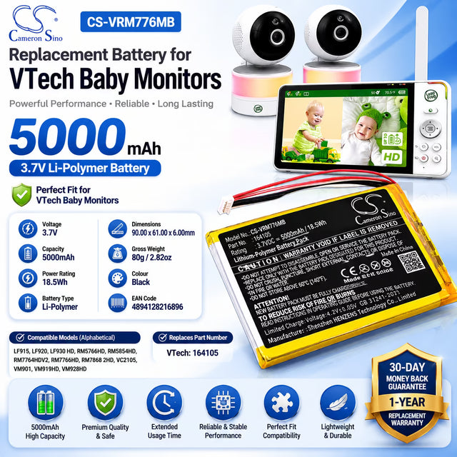 3.7V, Li-Polymer, 5000mAh, BabyPhone battery fits Vtech, 164105, LF915, LF920, 18.5Wh BabyPhone Cameron Sino Technology Limited