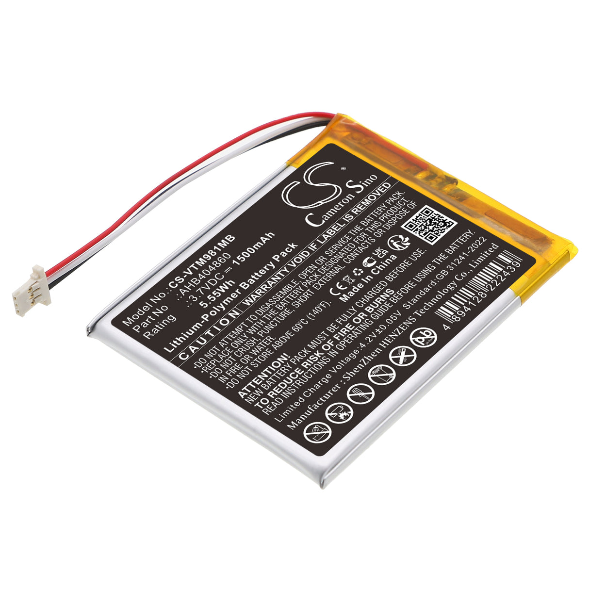 3.7V, Li-Polymer, 1500mAh, BabyPhone battery fits V Tech, AHB404860, VM981, VM991 PU Wi-Fi HD Video Monitor, 5.55Wh BabyPhone Cameron Sino Technology Limited