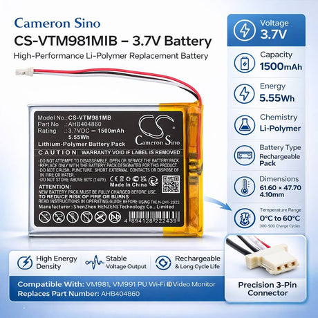 3.7V, Li-Polymer, 1500mAh, BabyPhone battery fits V Tech, AHB404860, VM981, VM991 PU Wi-Fi HD Video Monitor, 5.55Wh BabyPhone Cameron Sino Technology Limited