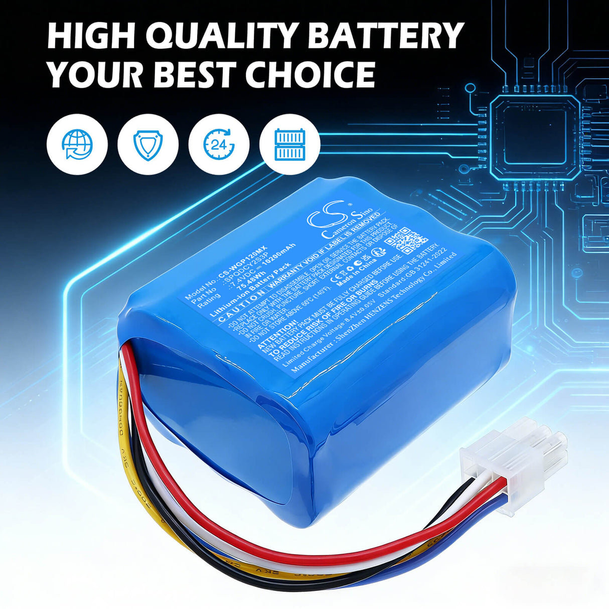 7.4V, Li-ion, 10200mAh, Medical battery fits WEGO, SPQDCY2S3P, P12n, Surpass P12N, 75.48Wh Medical Cameron Sino Technology Limited