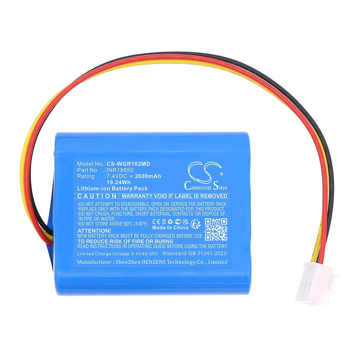 7.4V, Li-ion, 2600mAh, Medical battery fits Wego, INR18650, WGI-1020, 19.24Wh Medical Cameron Sino Technology Limited (Medical)