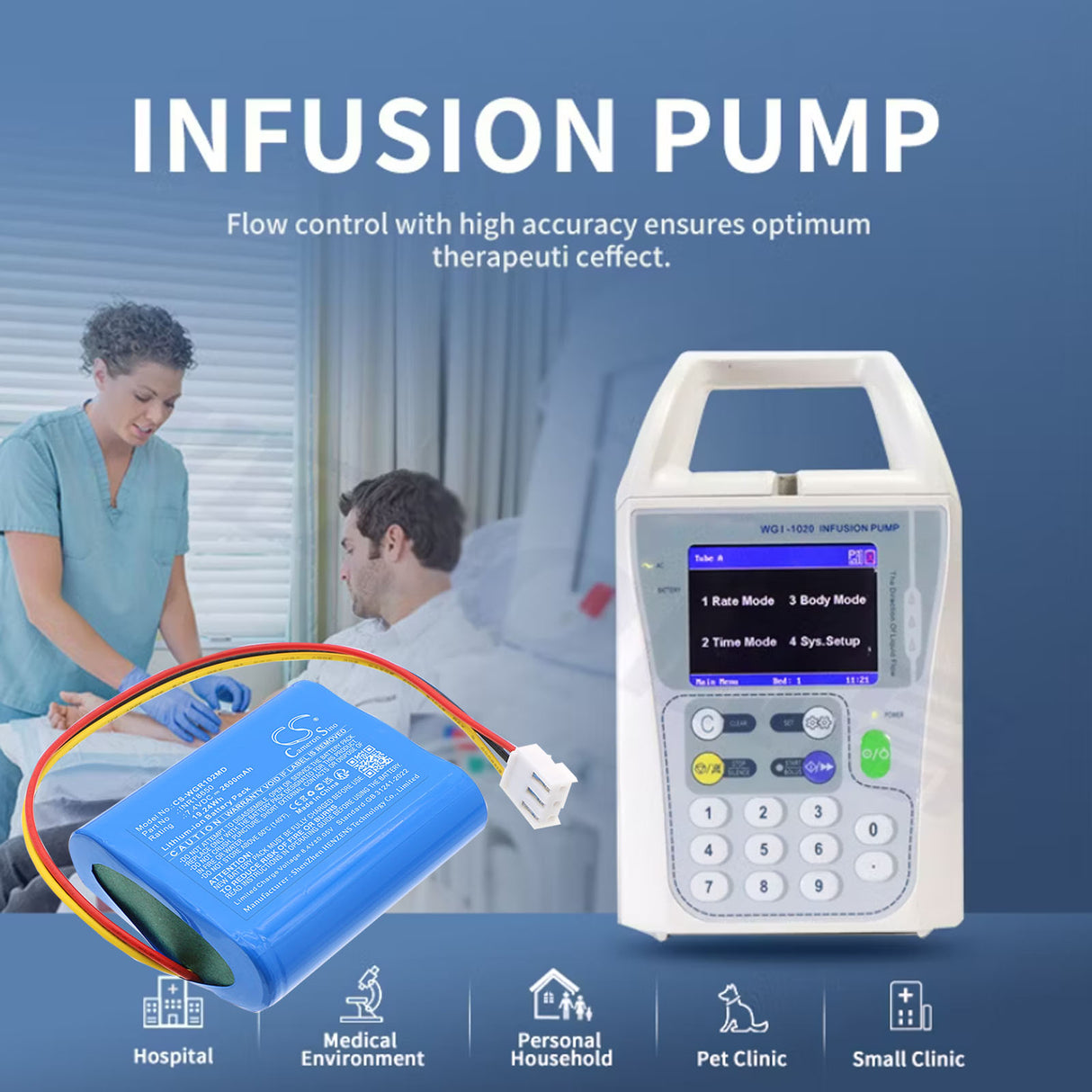 7.4V, Li-ion, 2600mAh, Medical battery fits Wego, INR18650, WGI-1020, 19.24Wh Medical Cameron Sino Technology Limited (Medical)