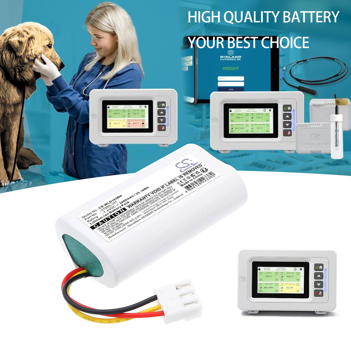 7.4V, Li-ion, 3400mAh, Alarm System battery fits Winland, 57685-101, D-011-0183, EnviroAlert Professional EAPro Gateway, 25.16Wh Alarm System Cameron Sino Technology Limited