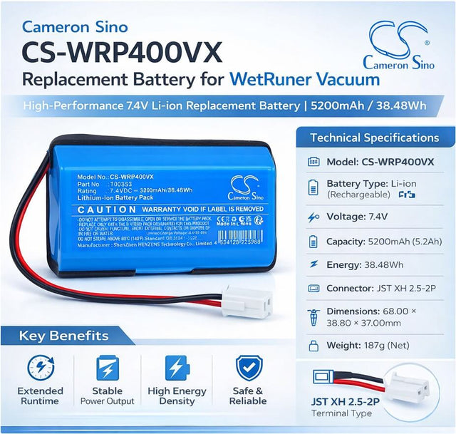 7.4V, Li-ion, 5200mAh, Vacuum battery fits WetRuner, 100353, Robot Pool Cleaner, 38.48Wh Vacuum Cameron Sino Technology Limited