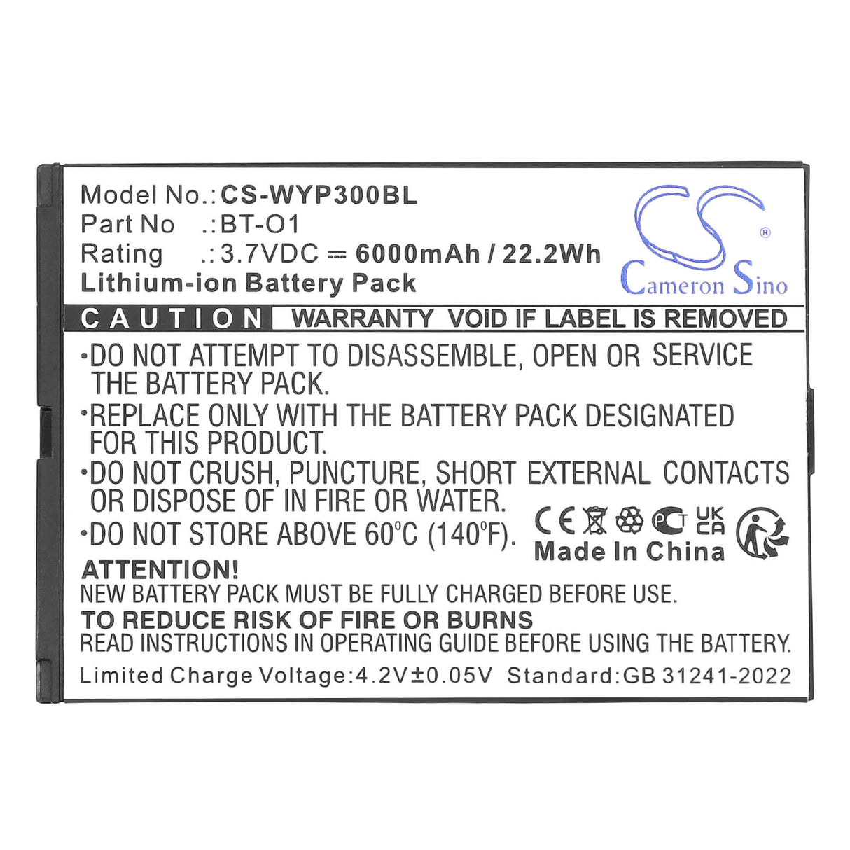 3.7V, Li-ion, 6000mAh, Barcode Scanner battery fits Wiseasy, BT-O1, P3, WPO3 WPOS3, 22.2Wh Barcode Scanner Cameron Sino Technology Limited