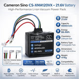 21.6V, Li-ion, 4000mAh, Vacuum battery fits Roborock, BCR-1P6S-4000HD, A10 Ultra B, A10 Ultra E, 86.4Wh Vacuum Cameron Sino Technology Limited