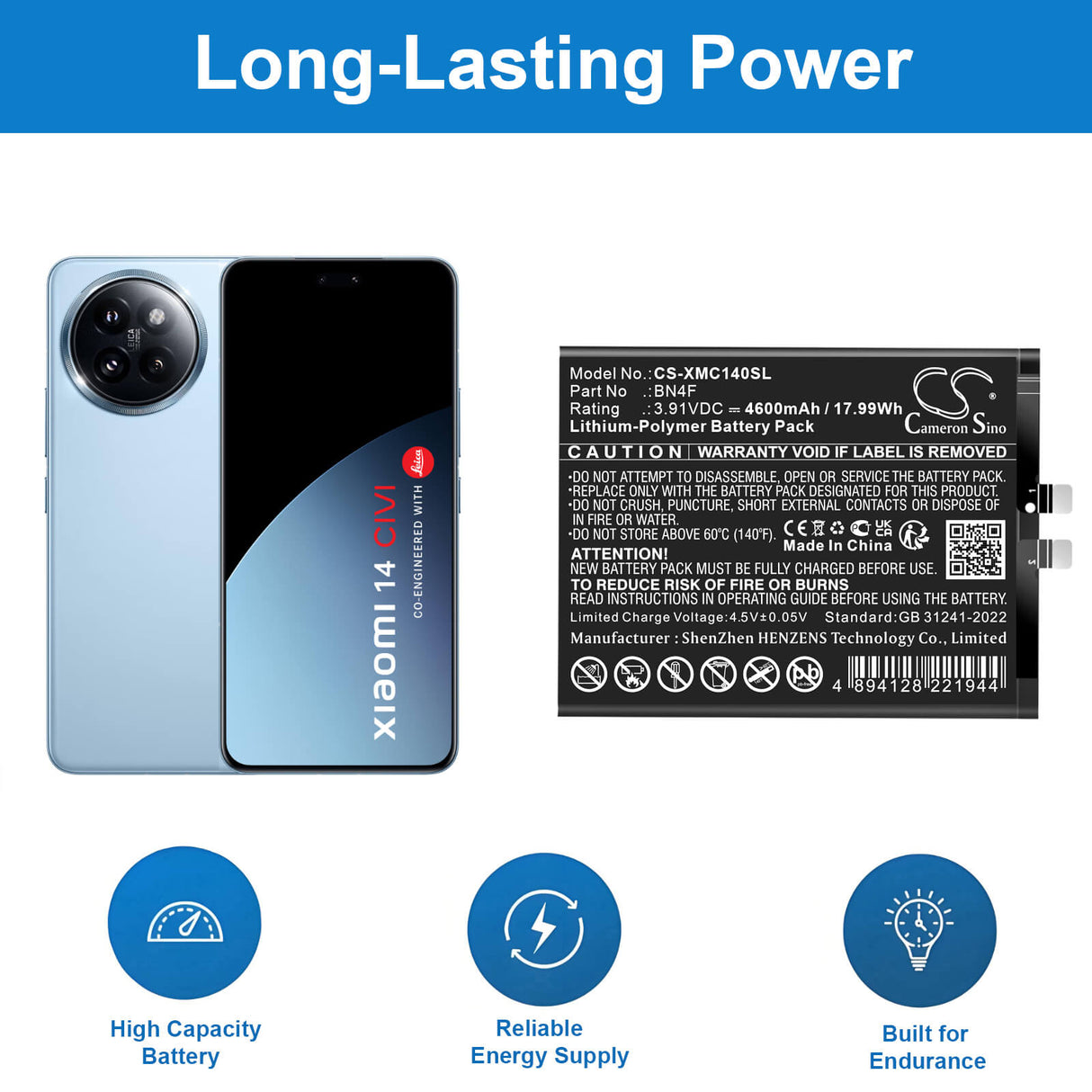 3.91V, Li-Polymer, 4600mAh, Mobile, SmartPhone battery fits Xiaomi, BN4F, 14 CIVI, 24053PY09C, 17.99Wh Mobile, SmartPhone Cameron Sino Technology Limited
