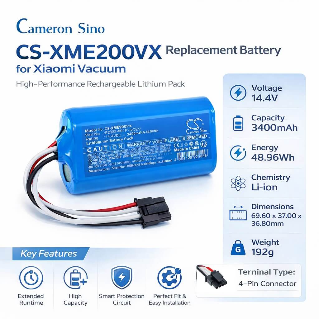 14.4V, Li-ion, 3400mAh, Vacuum battery fits Xiaomi, P2332-4S1P-SCEV, ‎BHR8629EU, BHR8629EU, 48.96Wh Vacuum Cameron Sino Technology Limited