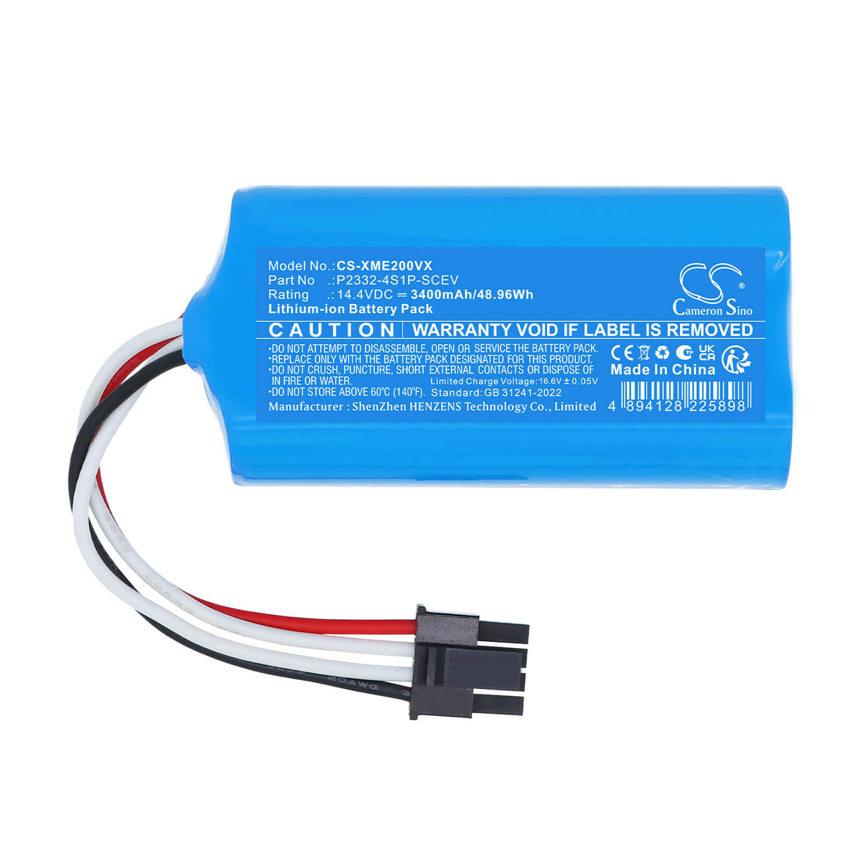 14.4V, Li-ion, 3400mAh, Vacuum battery fits Xiaomi, P2332-4S1P-SCEV, ‎BHR8629EU, BHR8629EU, 48.96Wh Vacuum Cameron Sino Technology Limited