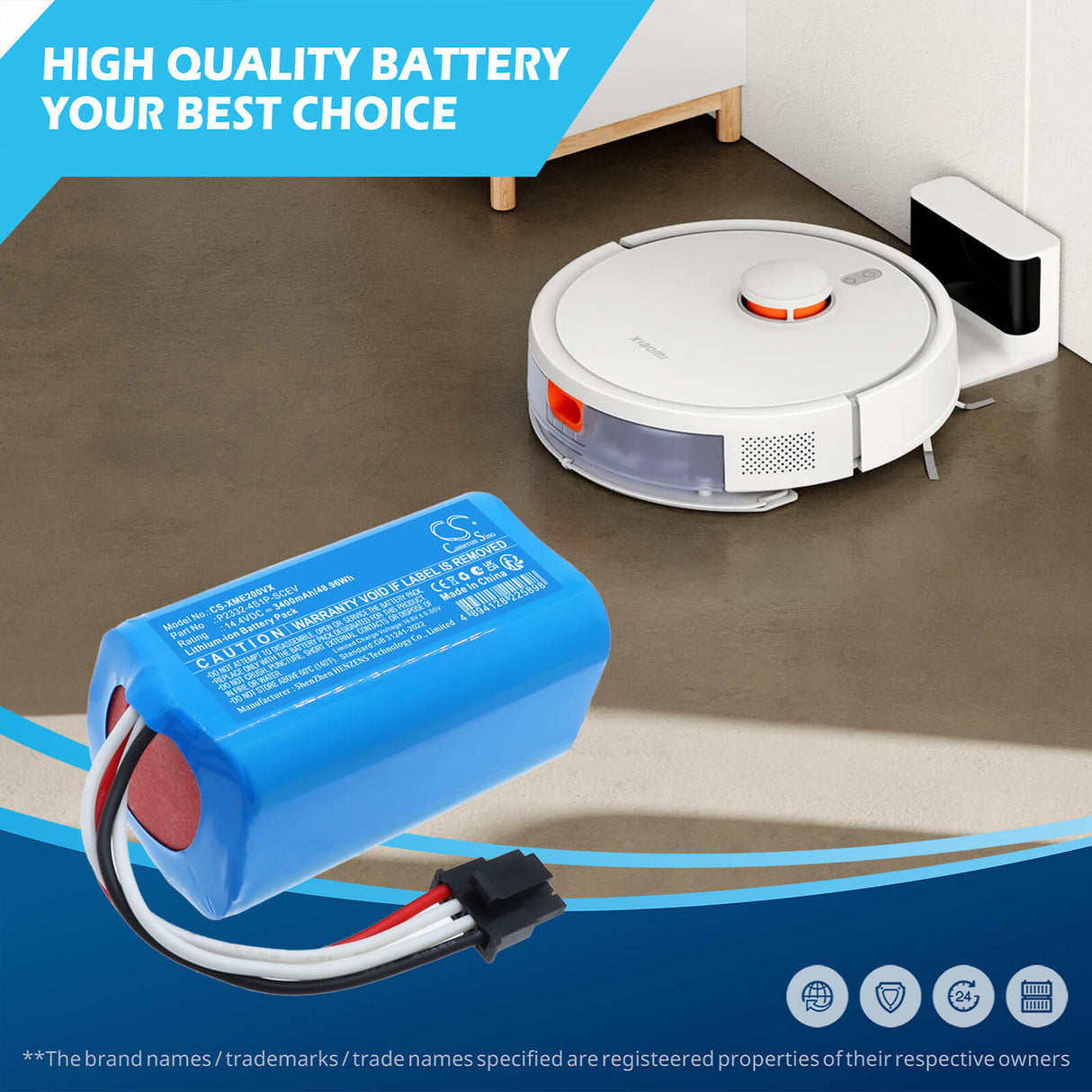 14.4V, Li-ion, 3400mAh, Vacuum battery fits Xiaomi, P2332-4S1P-SCEV, ‎BHR8629EU, BHR8629EU, 48.96Wh Vacuum Cameron Sino Technology Limited