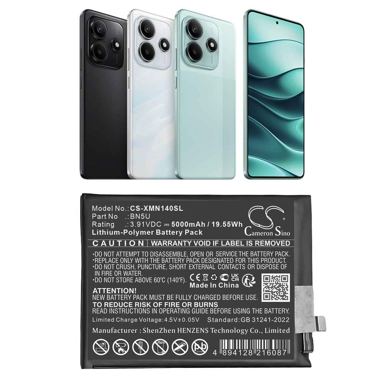 3.91V, Li-Polymer, 5000mAh, Mobile, SmartPhone battery fits Xiaomi, Bn5u, 24094rad4c, Xiaomi Redmi Note 14 5g, 19.55Wh Mobile, SmartPhone Cameron Sino Technology Limited (Smartphone)