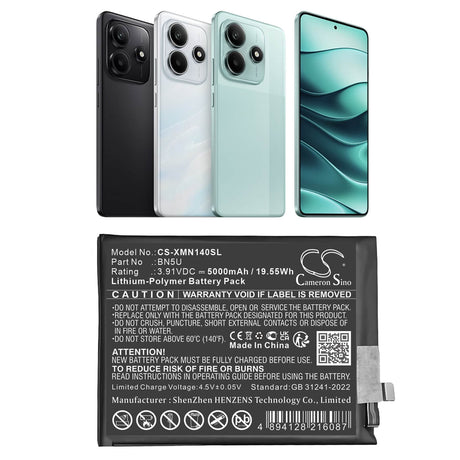 3.91V, Li-Polymer, 5000mAh, Mobile, SmartPhone battery fits Xiaomi, Bn5u, 24094rad4c, Xiaomi Redmi Note 14 5g, 19.55Wh Mobile, SmartPhone Cameron Sino Technology Limited (Smartphone)