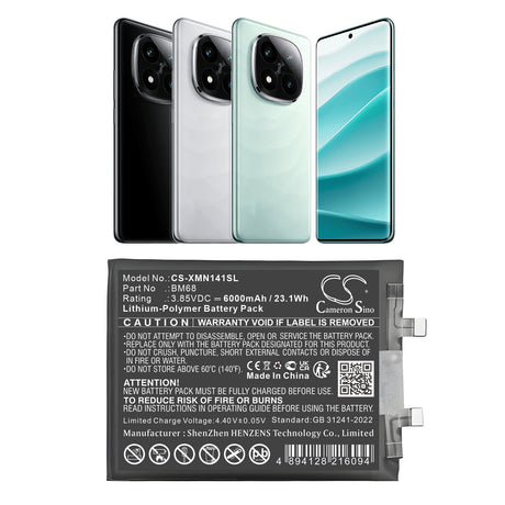 3.85V, Li-Polymer, 6000mAh, Mobile, SmartPhone battery fits Redmi, Bm68, 24115ra8ec, 24115ra8eg, 23.1Wh Mobile, SmartPhone Cameron Sino Technology Limited (Smartphone)