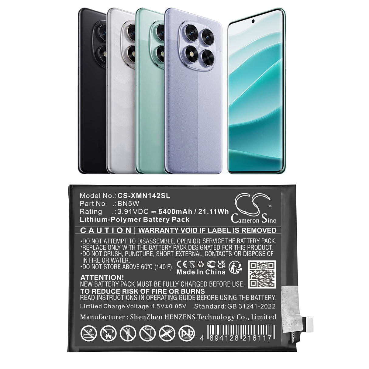 3.91V, Li-Polymer, 5400mAh, Mobile, SmartPhone battery fits Redmi, Bn5w, 24116raccg, Note 14 Pro, 21.11Wh Mobile, SmartPhone Cameron Sino Technology Limited (Smartphone)