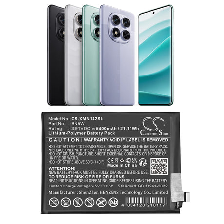 3.91V, Li-Polymer, 5400mAh, Mobile, SmartPhone battery fits Redmi, Bn5w, 24116raccg, Note 14 Pro, 21.11Wh Mobile, SmartPhone Cameron Sino Technology Limited (Smartphone)