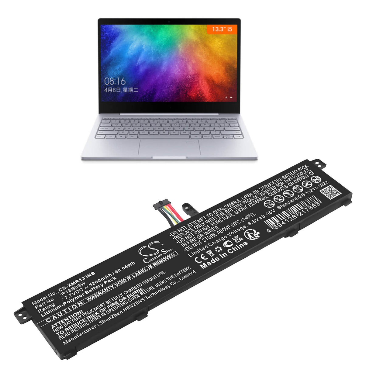 7.7V, Li-Polymer, 5200mAh, Notebook, Laptop battery fits Xiaomi, R13b03w, Mi Air 13.3, 40.04Wh Notebook, Laptop Cameron Sino Technology Limited