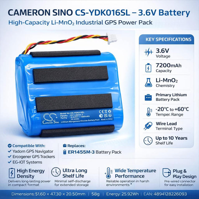 3.6V, Li-MnO2, 7200mAh, GPS, Navigator battery fits Yadom, ER14505M-3, Ercogener GPS trackers, K016, 25.92Wh GPS, Navigator Cameron Sino Technology Limited