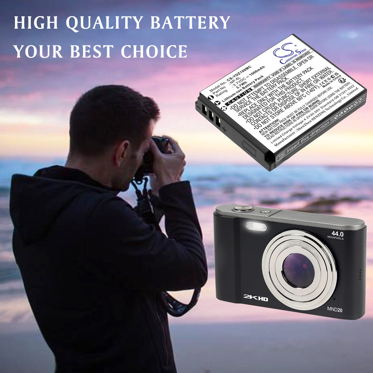 3.7V, Li-ion, 1000mAh, Camera battery fits Generic, NP-6L, FHD 1080P 44MP Digital Camera, 3.7Wh Camera Cameron Sino Technology Limited