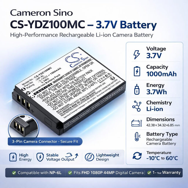 3.7V, Li-ion, 1000mAh, Camera battery fits Generic, NP-6L, FHD 1080P 44MP Digital Camera, 3.7Wh Camera Cameron Sino Technology Limited