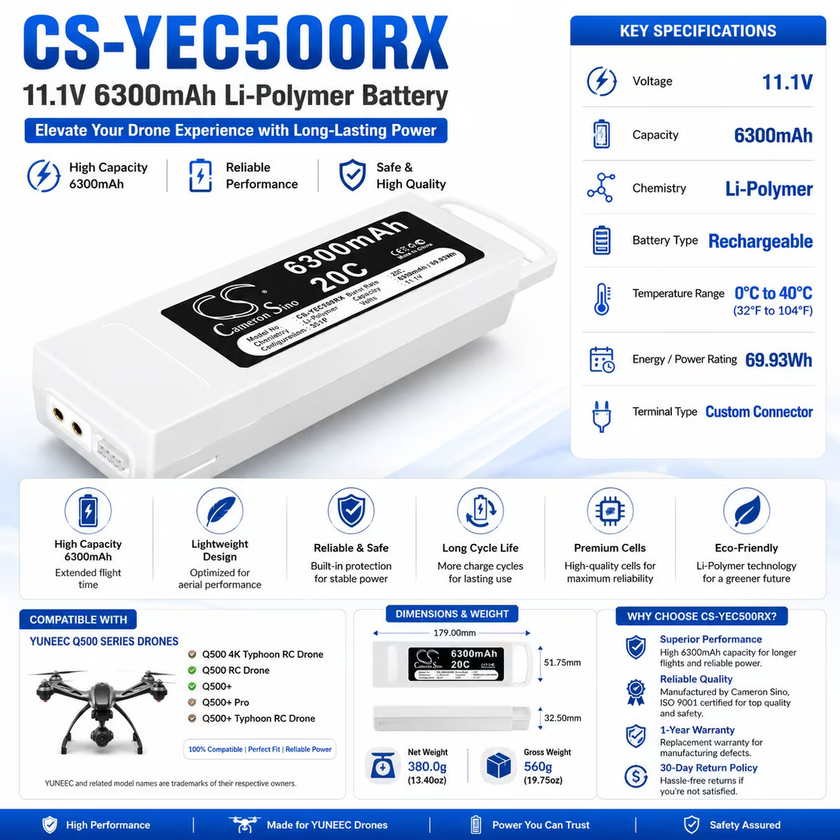 Cameron Sino CS-YEC500RX 6300mAh 11.1V Li-Polymer Drone Battery for YUNEEC Q500 Series Drones Cameron Sino Technology Limited