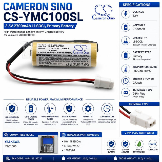 3.6v, Li-socl2, 2700mah, PLC Battery fits Yaskawa, Yrc1000, 9.72wh PLC Cameron Sino Technology Limited