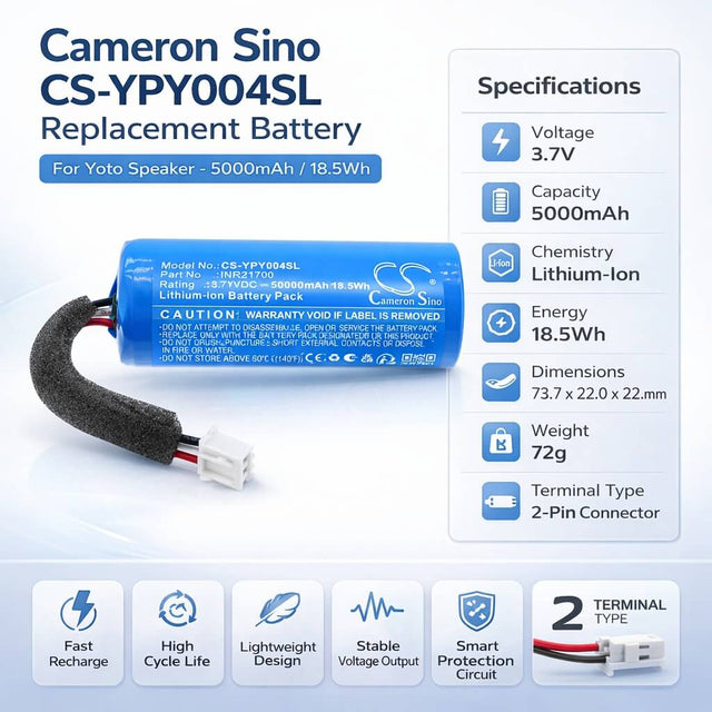 3.7V, Li-ion, 5000mAh, Speaker battery fits Yoto, INR21700, YP004, player 3rd Gen, 18.5Wh Speaker Cameron Sino Technology Limited