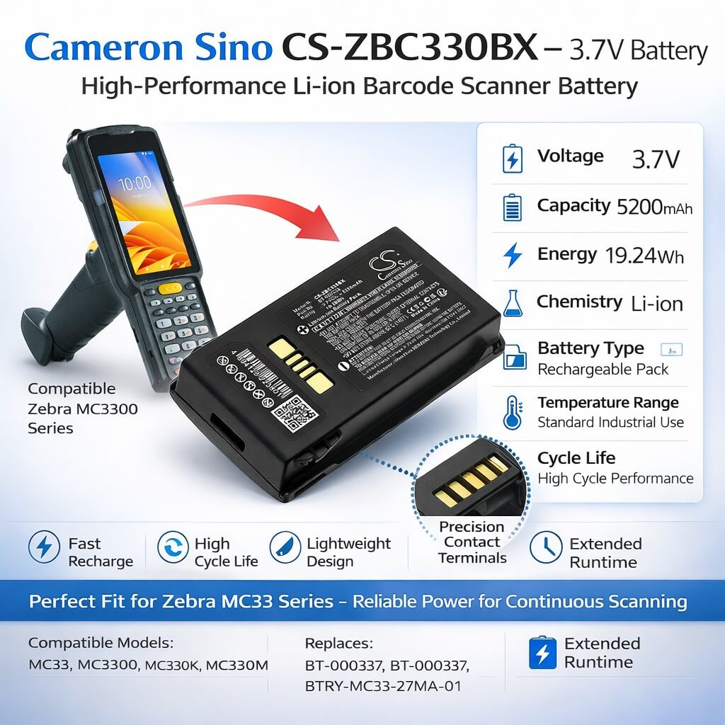 3.7V, Li-ion, 5200mAh, Barcode Scanner battery fits Zebra, BT-000337, MC33, MC330, 19.24Wh Barcode Scanner Cameron Sino Technology Limited