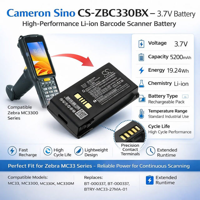 3.7V, Li-ion, 5200mAh, Barcode Scanner battery fits Zebra, BT-000337, MC33, MC330, 19.24Wh Barcode Scanner Cameron Sino Technology Limited