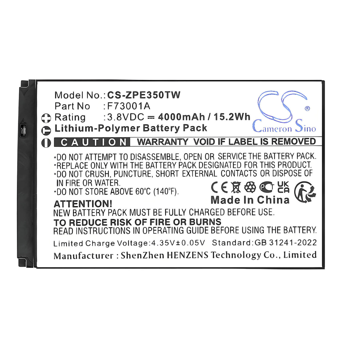 3.8V, Li-Polymer, 4000mAh, Two-Way Radio battery fits Caltta, F73001A, E350 EChat POC, 15.2Wh Two-Way Radio Cameron Sino Technology Limited