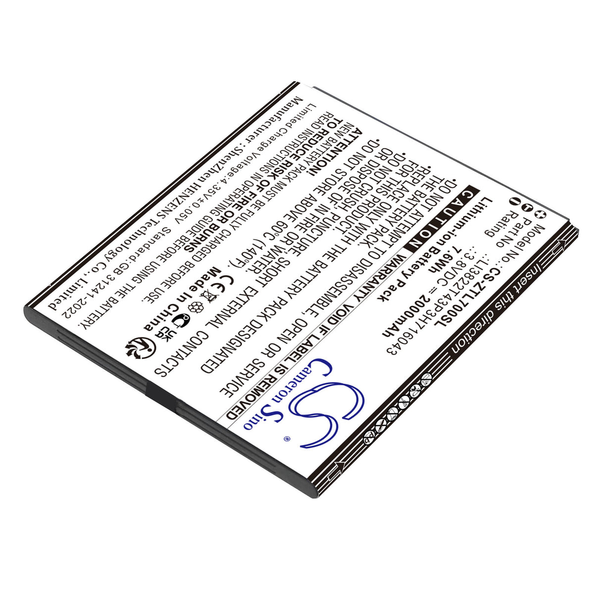 3.8V, Li-ion, 2000mAh, Mobile, SmartPhone battery fits ZTE, LI3822T43P3H716043, Blade A30, Blade A320, 7.6Wh Mobile, SmartPhone Cameron Sino Technology Limited