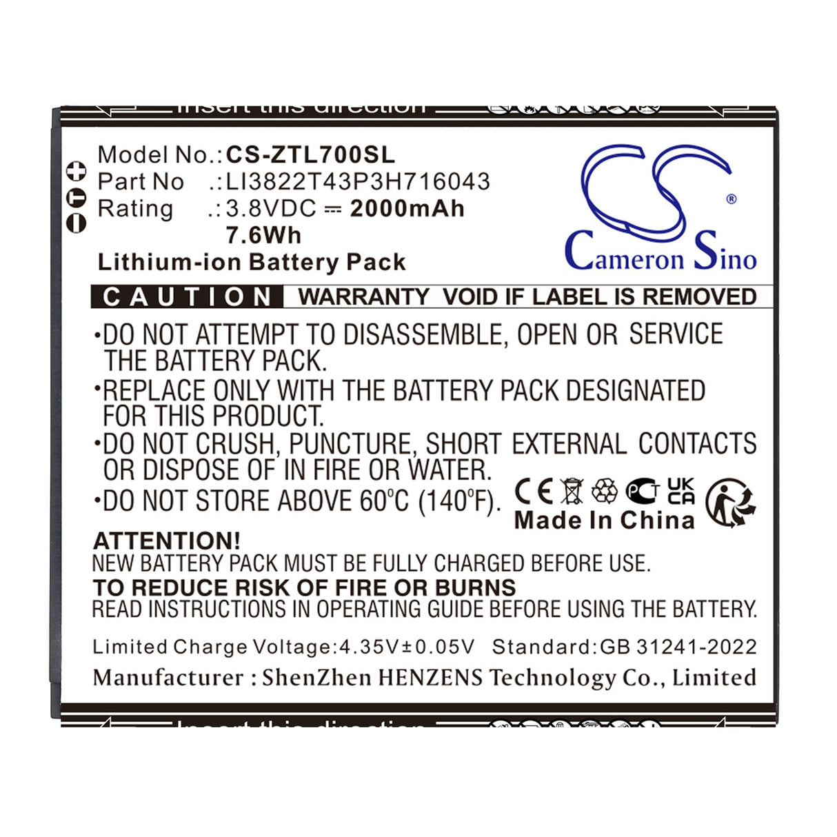 3.8V, Li-ion, 2000mAh, Mobile, SmartPhone battery fits ZTE, LI3822T43P3H716043, Blade A30, Blade A320, 7.6Wh Mobile, SmartPhone Cameron Sino Technology Limited