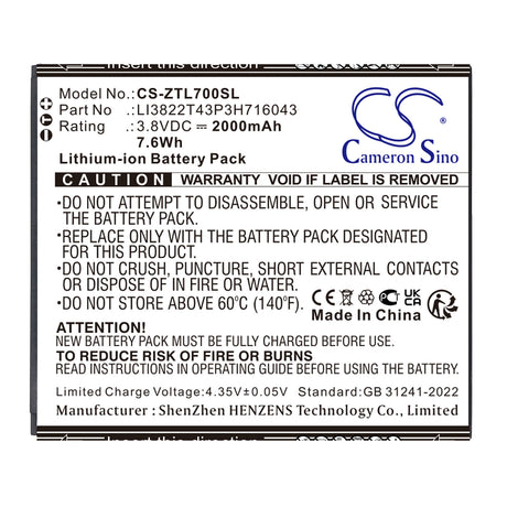 3.8V, Li-ion, 2000mAh, Mobile, SmartPhone battery fits ZTE, LI3822T43P3H716043, Blade A30, Blade A320, 7.6Wh Mobile, SmartPhone Cameron Sino Technology Limited