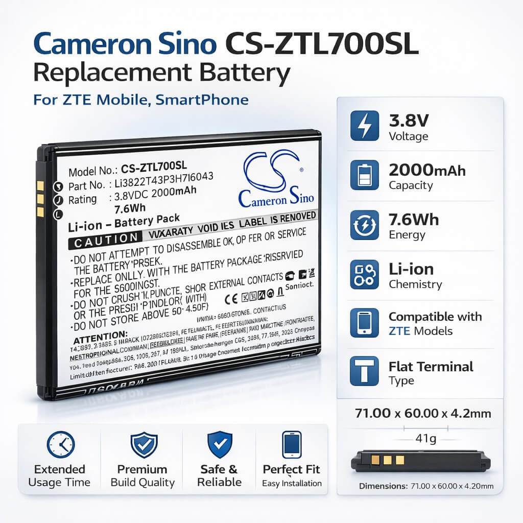 3.8V, Li-ion, 2000mAh, Mobile, SmartPhone battery fits ZTE, LI3822T43P3H716043, Blade A30, Blade A320, 7.6Wh Mobile, SmartPhone Cameron Sino Technology Limited