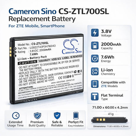 3.8V, Li-ion, 2000mAh, Mobile, SmartPhone battery fits ZTE, LI3822T43P3H716043, Blade A30, Blade A320, 7.6Wh Mobile, SmartPhone Cameron Sino Technology Limited